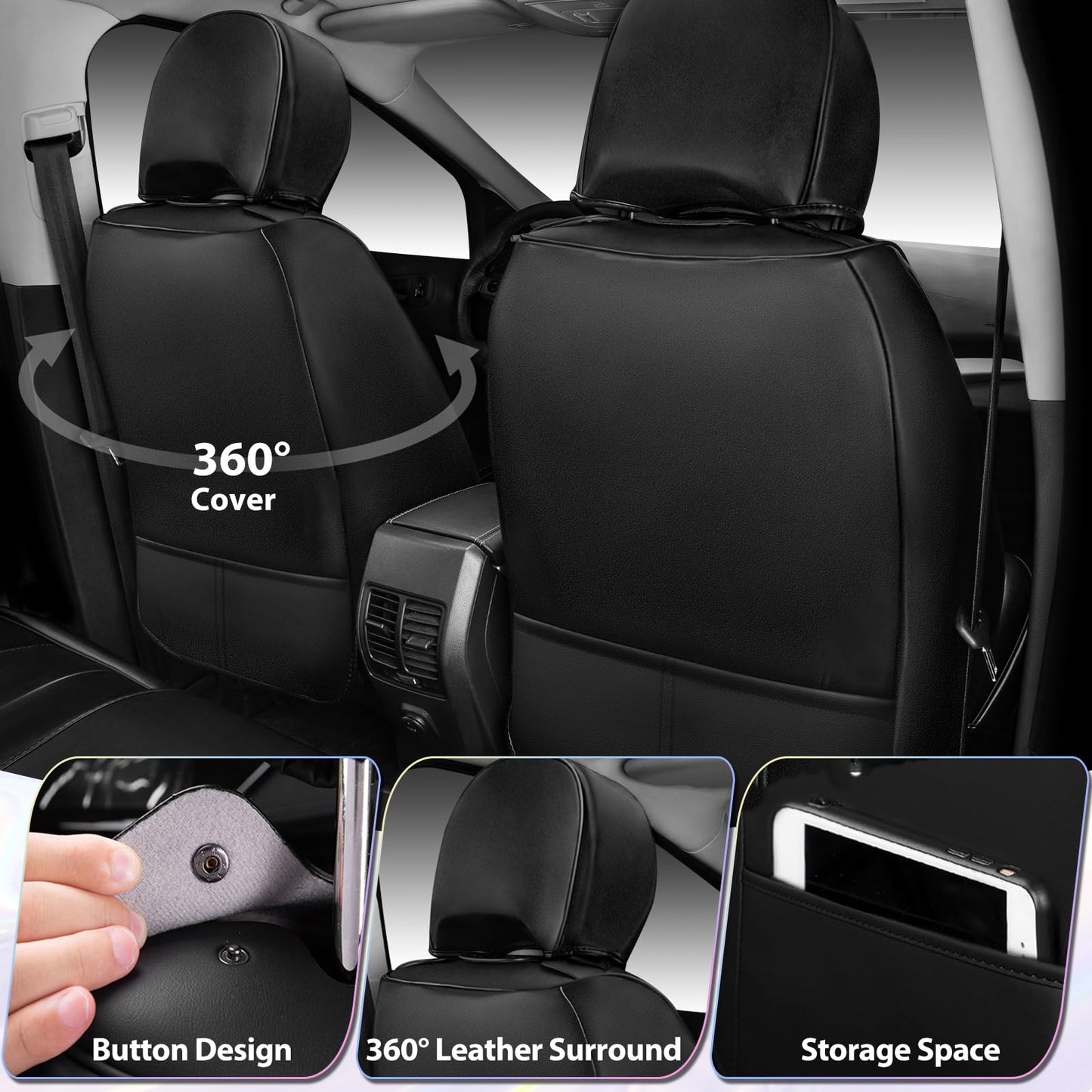 CAR Pass Nappa Leather Car Seat Covers, Durable Waterproof Luxury Universal for SUV Pick-up Truck Sedan, Anti-Slip Driver 5 Seats Covers Full Set with Backrest (Black Chameleon Iridescent Reflective)