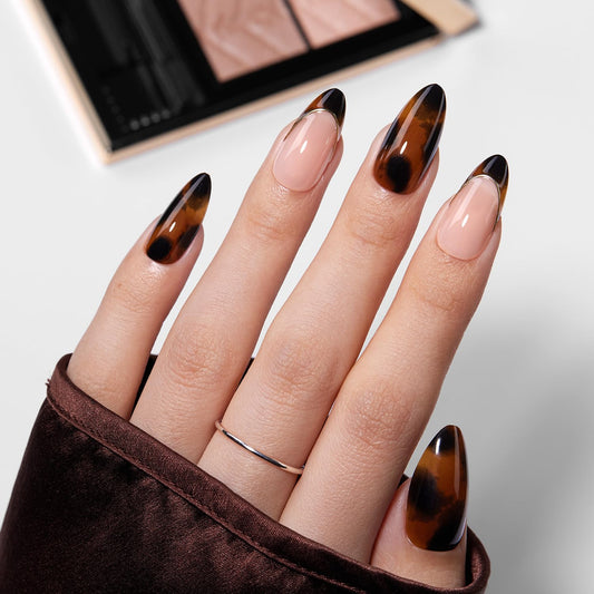 VSALON Press on Nails Medium Almond - Tortoise Shell French Tip Glue On Nails Kit for Women, Opaque Salon Quality Fake Nails - 32 PCS Stick on Nails in 16 Sizes with Glue & Cuticle Oil