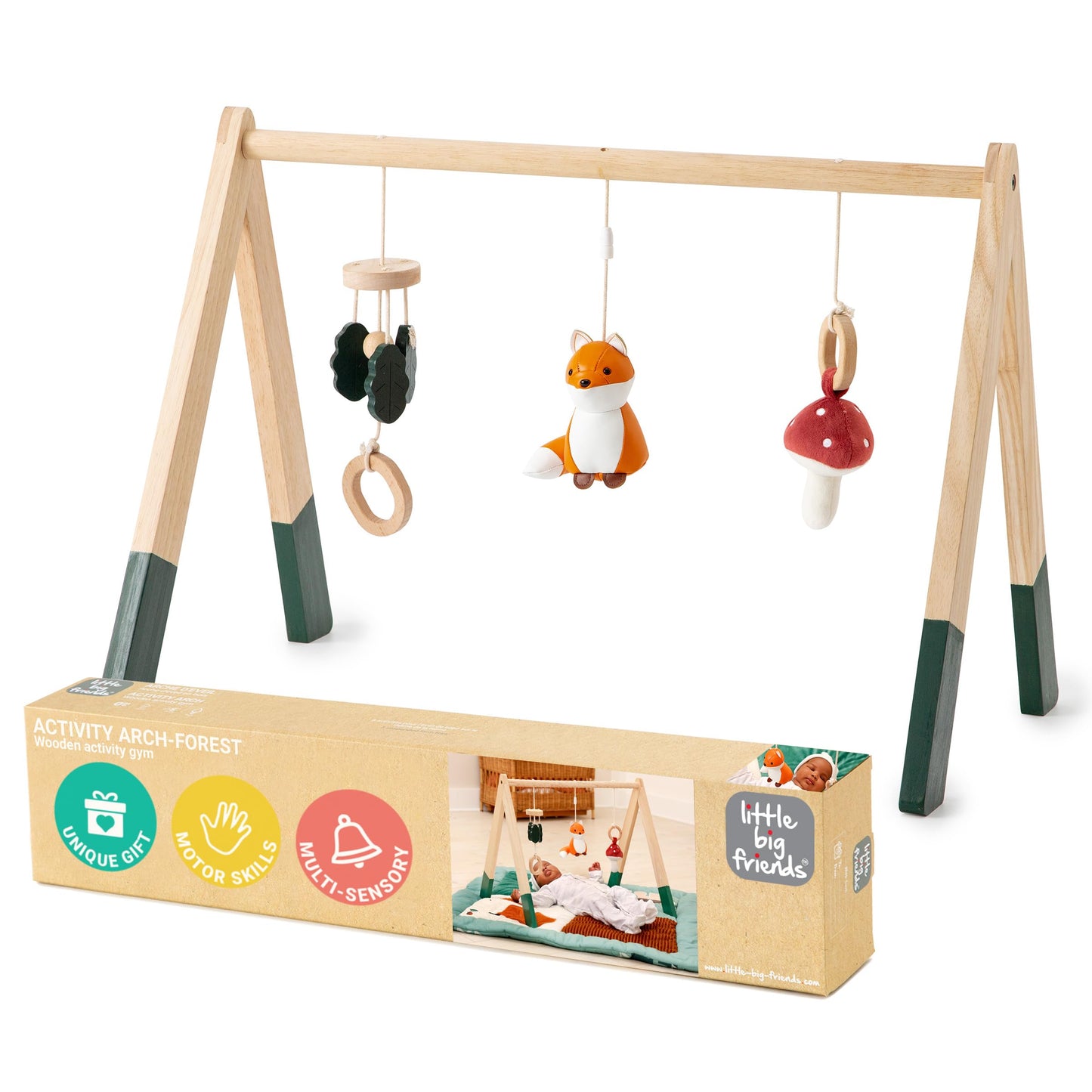Little Big Friends Wooden Baby Activity Gym – Montessori Play Gym for Babies | Encourages Motor Skills & Sensory Development | Includes Crinkle Fabrics, Wooden Chimes & Hanging Toys – Forest