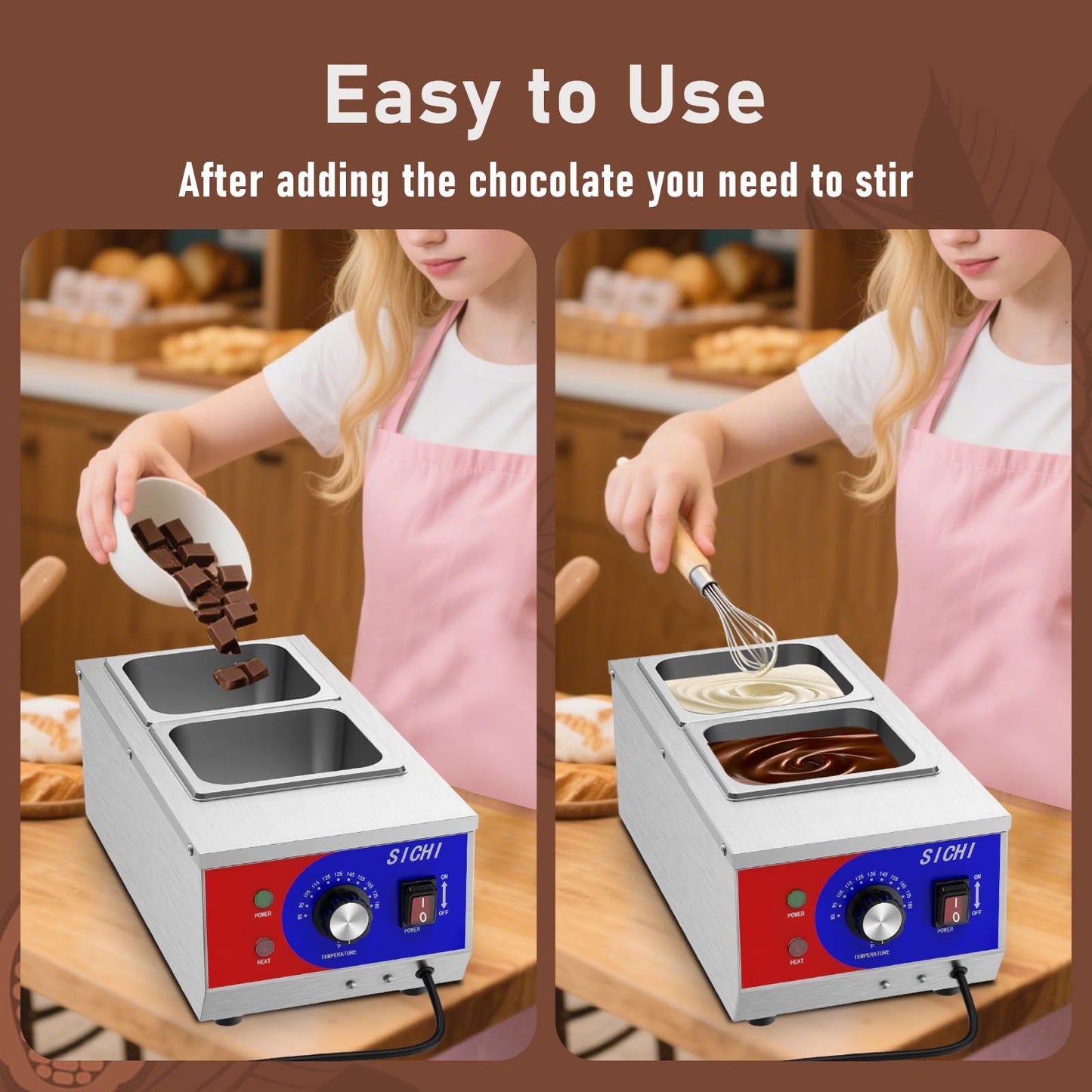 HTTSICHI Chocolate Tempering Machine - Commercial Chocolate Melting Machine w/ 7.5L Capacity, 1200W Professional Heated Chocolate Melter w/Stainless Steel Body, 110V,2 Tanks