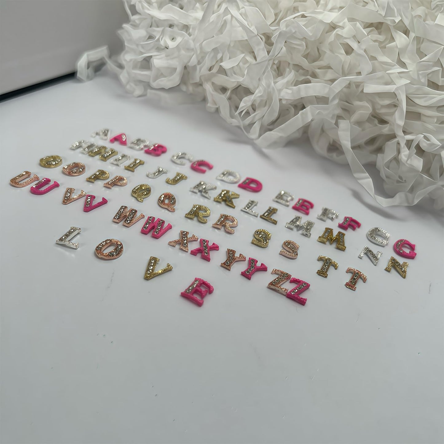 Pizadix 104 Pcs 3D Silver Gold Rose Gold Pink Nail Charms Letters Initial Charms for Nails Nail Letter Charms Alphabet Rhinestone Nail Charms for Nail Art Design Decoration DIY Craft