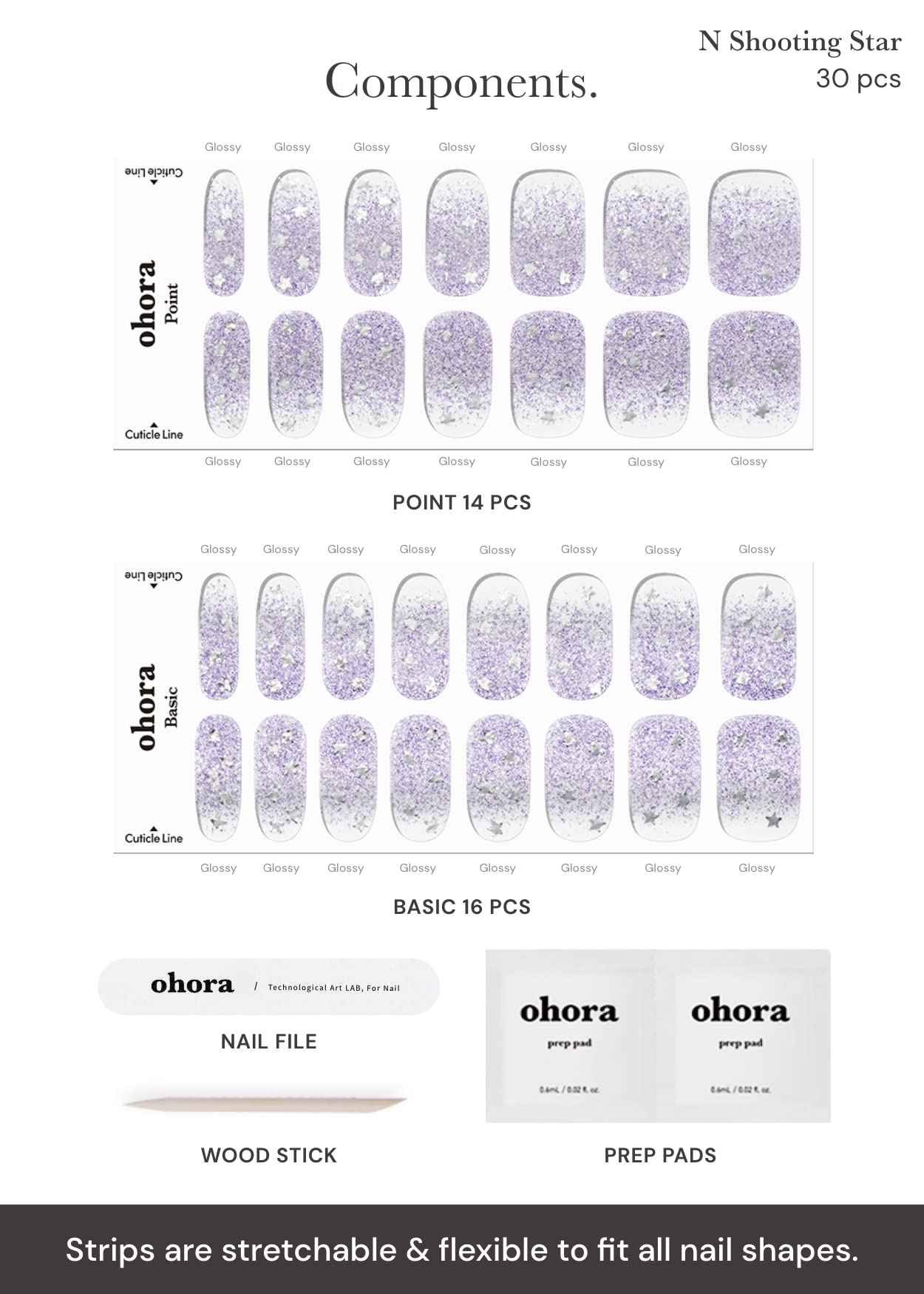 ohora Semi Cured Gel Nail Strips (N Shooting Star) - Purple, Glitter, Works with Any UV/LED Lamps, Salon-Quality, Long Lasting, Easy to Apply & Remove - Includes 2 Prep Pads, Nail File & Wooden Stick