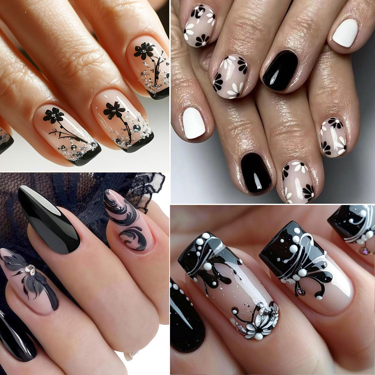 30 Sheets Black Flower Art Nail Stickers for Women Girls, 3D Rhinestones Self-Adhesive Decals Supplies, Floral Butterfly Heart Designs Accessories Decorations