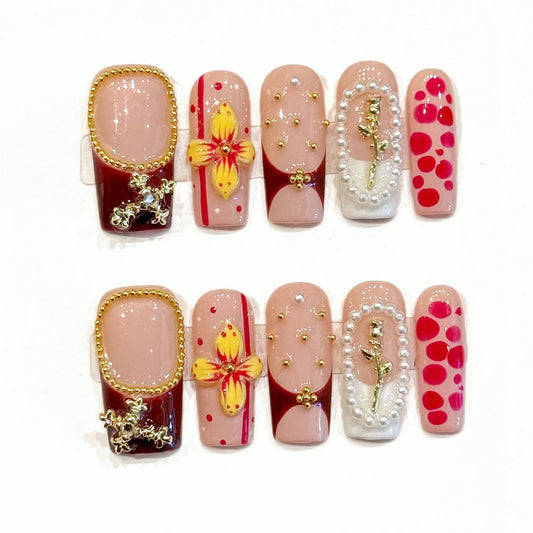 Handmade Press on Nails Long Square Fake Nails with 3D Yellow Flowers and Pearl Designs False Nail Multicolored Sparkly Acrylic Nail French Tip for Women 10Pcs（S)