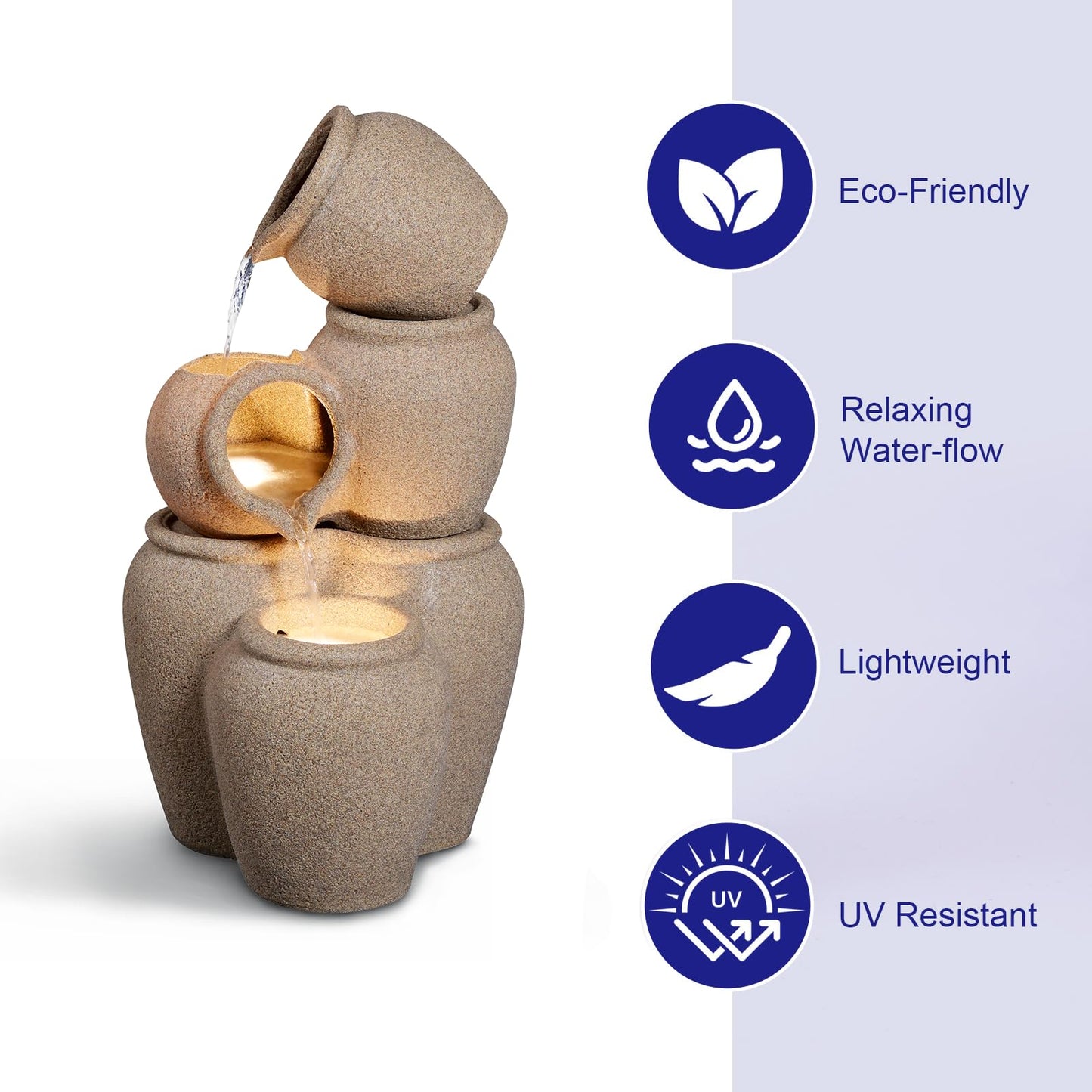 Puulye 29.53" H Outdoor Water Fountain Made with Eco-Friendly Recyclable Materials, Polyethylene Cascading Waterfall Outdoor Fountain, Garden Decor with LED Light & Pump for Patio, Backyard