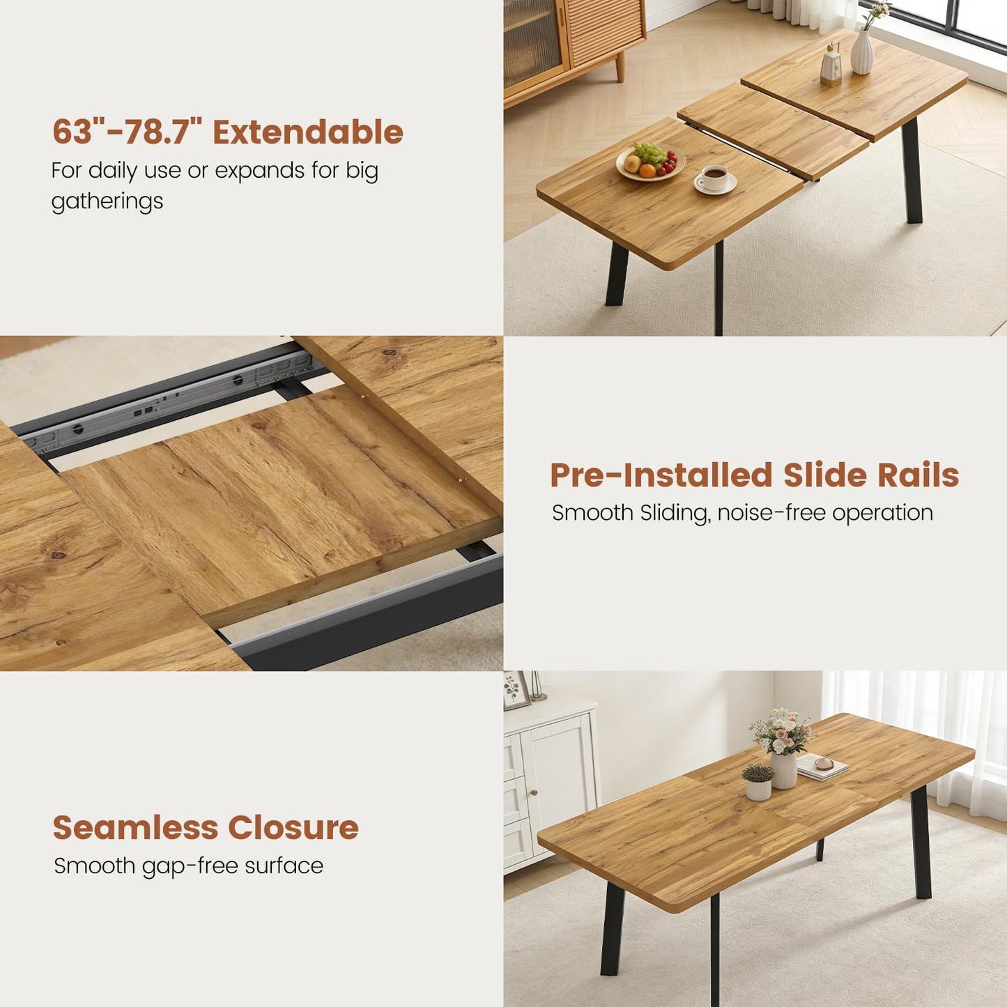 Extendable Dining Table Set for 6 to 8 People, 63" to 78.7" Modern Kitchen Table Set with 6 Chairs, MDF Dining Room Table and Chairs with Removable Extension Leaf (Walnut Table+U-Shaped Brown Chairs)