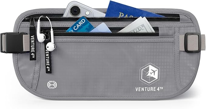 VENTURE 4TH Money Belt for Travel Ã¢ÂÂ Hidden Under-Clothes RFID Blocking Passport Holder & Slim Travel Wallet Pouch for Men & Women to Protect Cash, Cards & Documents (Silver)