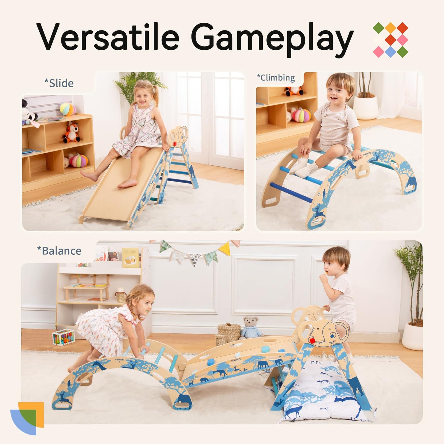 wingyz 8-in-1 Pikler Triangle Set-Foldable Baby Climbing Toys with Cushion, Arch, Ramp & Ladder | Montessori Toddler Climber Indoor Jungle Gym for Kids (Blue)