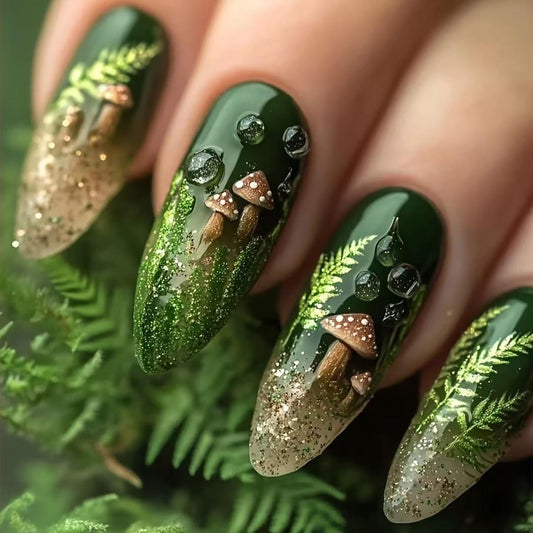 Green Press on Nails Almond Medium Full Cover Glossy Acrylic False Nails Green Grass and Mushroom Pattern Design Gradient Press Ons Fake Nail Artificial Stick on Nail DIY Glue on Nails for Women