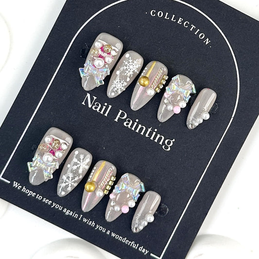 Christmas Handmade Press on Nails Short Almond Fake Nails Xmas Muti-Layer Gel False Nails with Snowflake Pearls 3D Bow Designs Thick Acrylic Full Cover Stick on Nail for Women 10 Pcs (Size S)