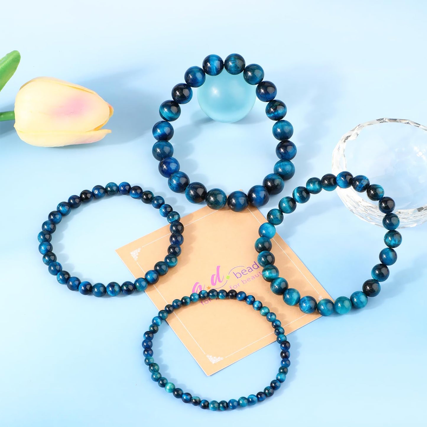 AD Beads 8mm Handmade Blue Tiger Eye Elastic Bracelet – Natural Gemstone for Calm and insight – Meditation, Yoga, Healing and Energy Gift for Men Women