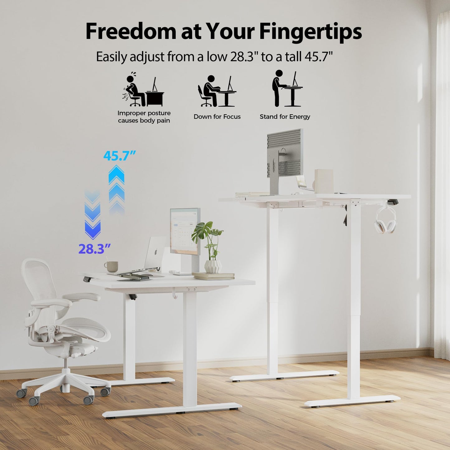 Agilestic Electric Standing Desk, Height Adjustable Desk, 63 x 35 Inch Sit Stand up for Work Office Home, L Shaped Ergonomic Rising Computer Table with Memory Preset, White