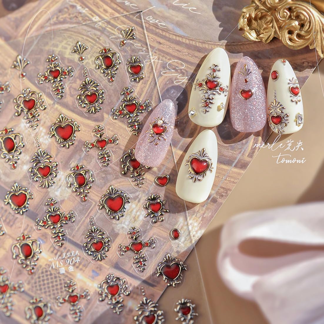 Phuryllic 3D Nail Stickers for Nail Art, Embossed Self-Adhesive Cute Nail Charms & Decals for DIY Nails, Easy-to-Apply Nail Design Supplies & Accessories for Home Manicure-Cross Shape Red Heart
