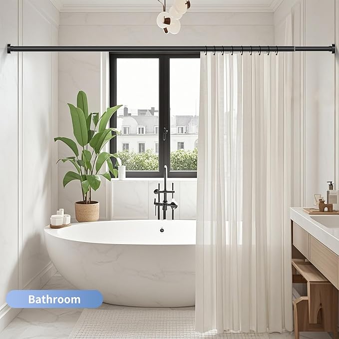 Black Shower Curtain Rod 34-66 Inches(2.8-5.5ft) Never Rust Adjustable Shower Rod Spring Tension Non Slip No Drilling Shower Rods for Bathroom Garland Window