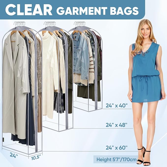 BALEINE 60'' Clear Garment Bags, 10.5'' Wide PEVA Suit Bag for Closet Clothes Dresses Suit Coats Storage (Clear, 6PK)