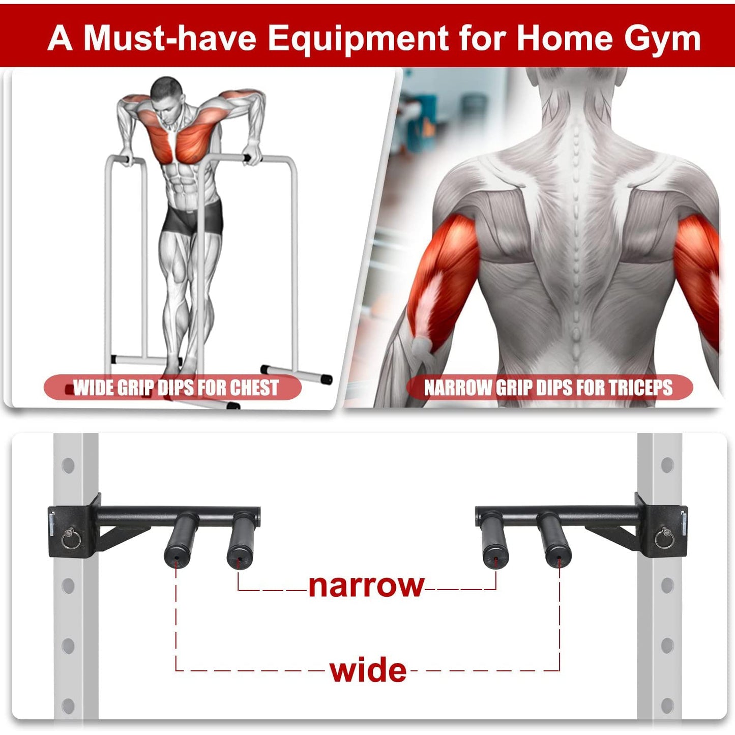 SYL Fitness Dip Bar Attachments for 2" x 2"" or 3"" x 3"" Power Rack - Narrow & Wide Dips Double Handles (Patent Pending) (For 3"" x 3"" Rack)"