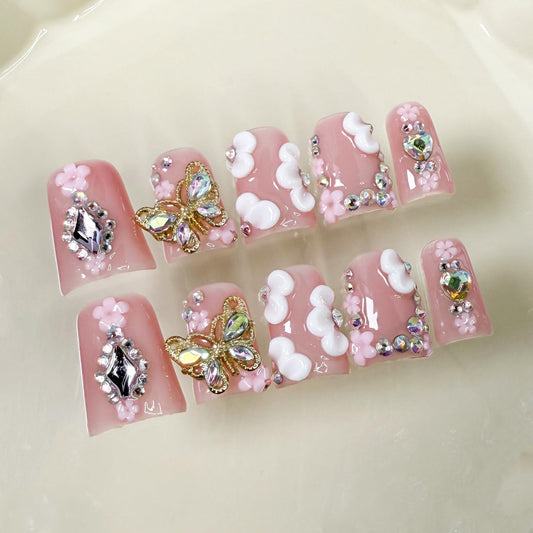 10 Pcs Handmade Press on Nails Duck Medium False Nails with Glue,3D Butterfly Luxury Heart Rhinestone Pattern Design Fake Nails Full Cover Artificial Acrylic Nude Pink Glue on Nail for Women（Size S）