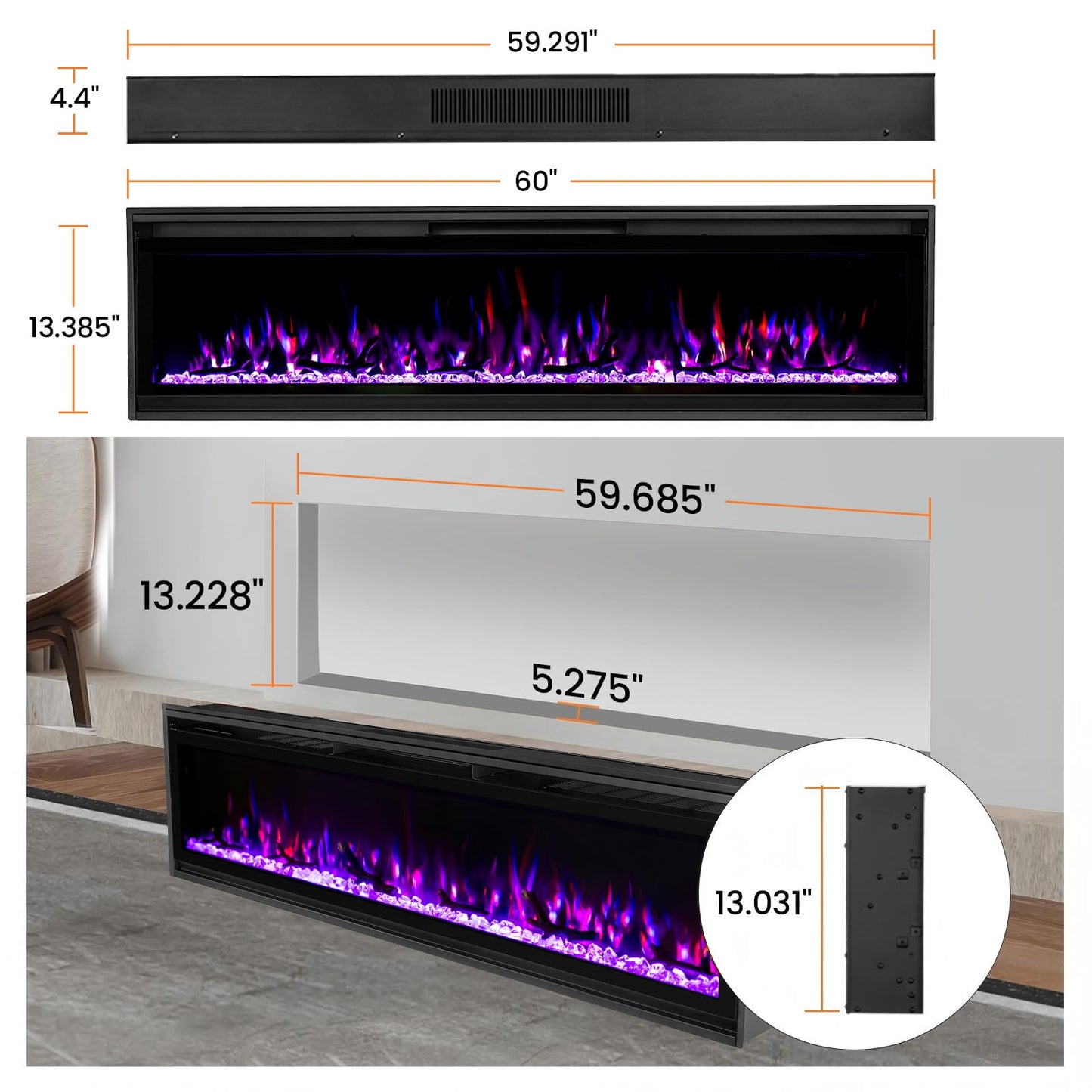 60 Insert Electric Fireplace, Fully Recessed or Wall Mounted, 4 Flame Colors, 4 Brightness Levels, Crystals,Log, Remote Control, 750-1500W.