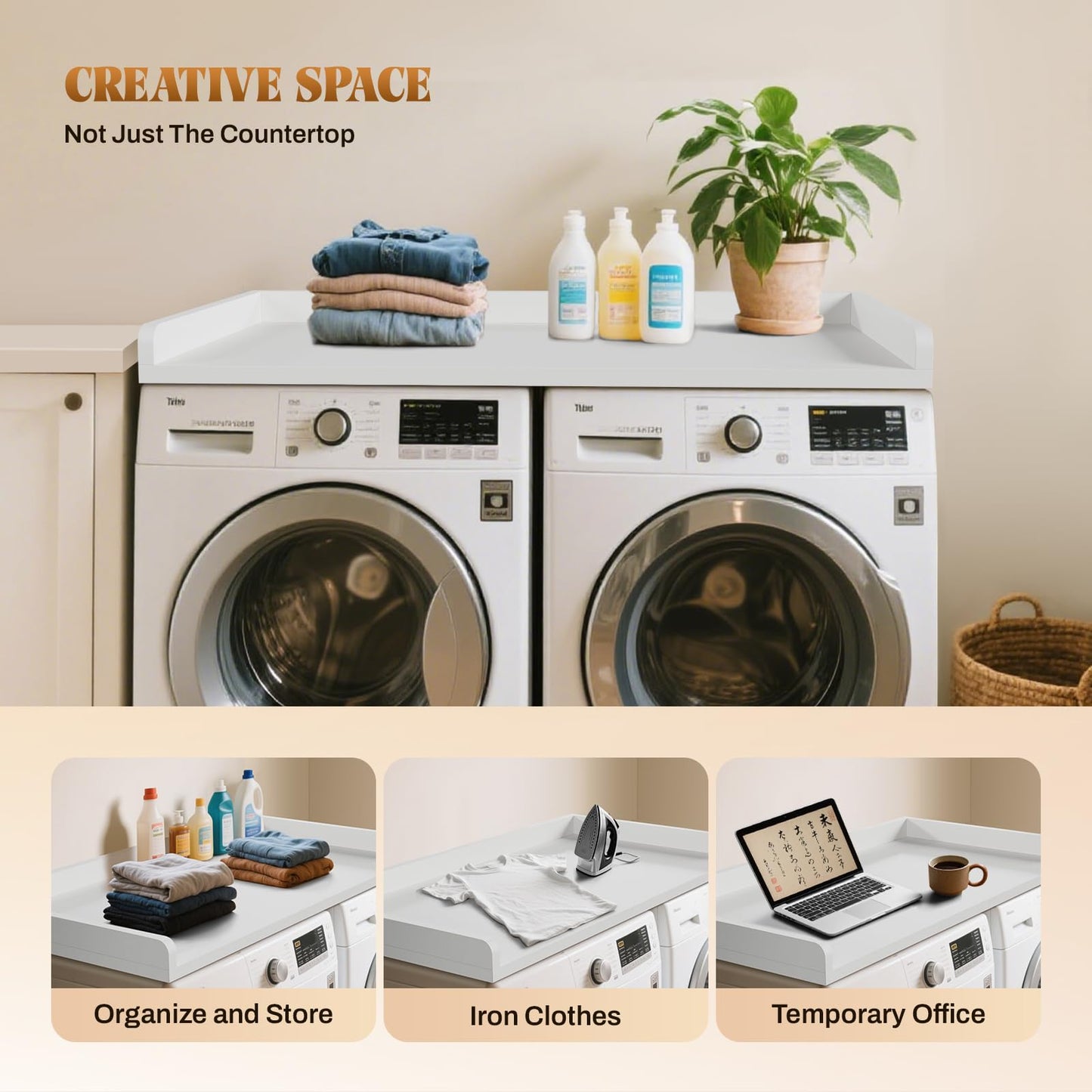 GCCSJ Washer Dryer Countertop, 54" Width x 27.5" Depth Wood Laundry Topper with Edge & Non-Slip Pads for Laundry Room Organization Storage & Clothes Folding, White