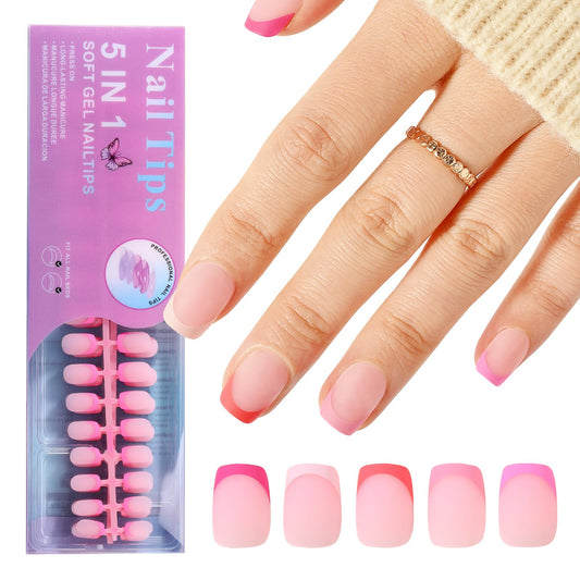 Jellyqueen French Gel Press on Fake Nail Tips, 150Pcs Short Square Nail Tips, Multicolor Pink Soft Gel Tips Press on Nails Fake Nails for Nail Art DIY 15 Sizes (A18-01-11)