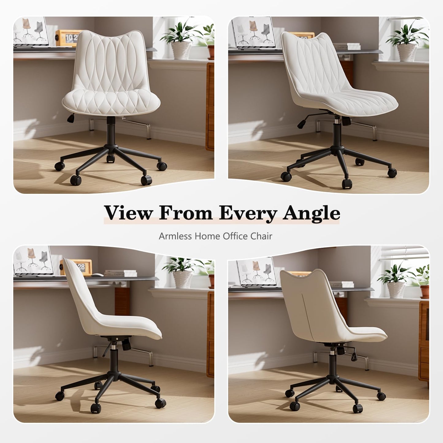 Bananister Armless Office Chair, Desk Chair No Arms, Adjustable Swivel Rolling Task Chair with Wheels, Faux Leather Upholstered, Compact for Small Space Home Office & Bedroom Vanity, White