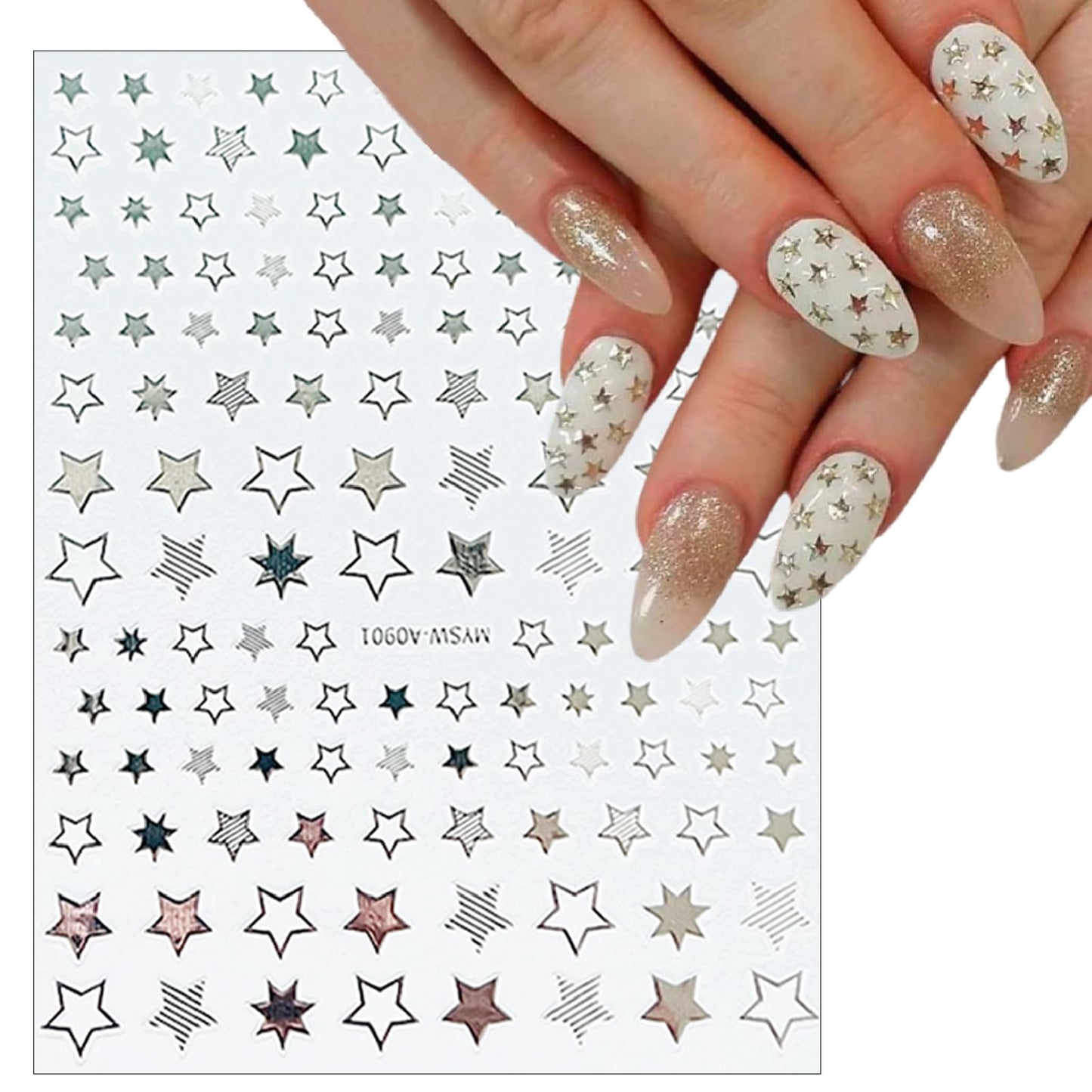 9 Sheets Shiny Twill Star Nail Stickers 3D Self-Adhesive Holographic Laser Color Gold and Silver Five-Pointed Star Design Women Girls Nail Art Decoration