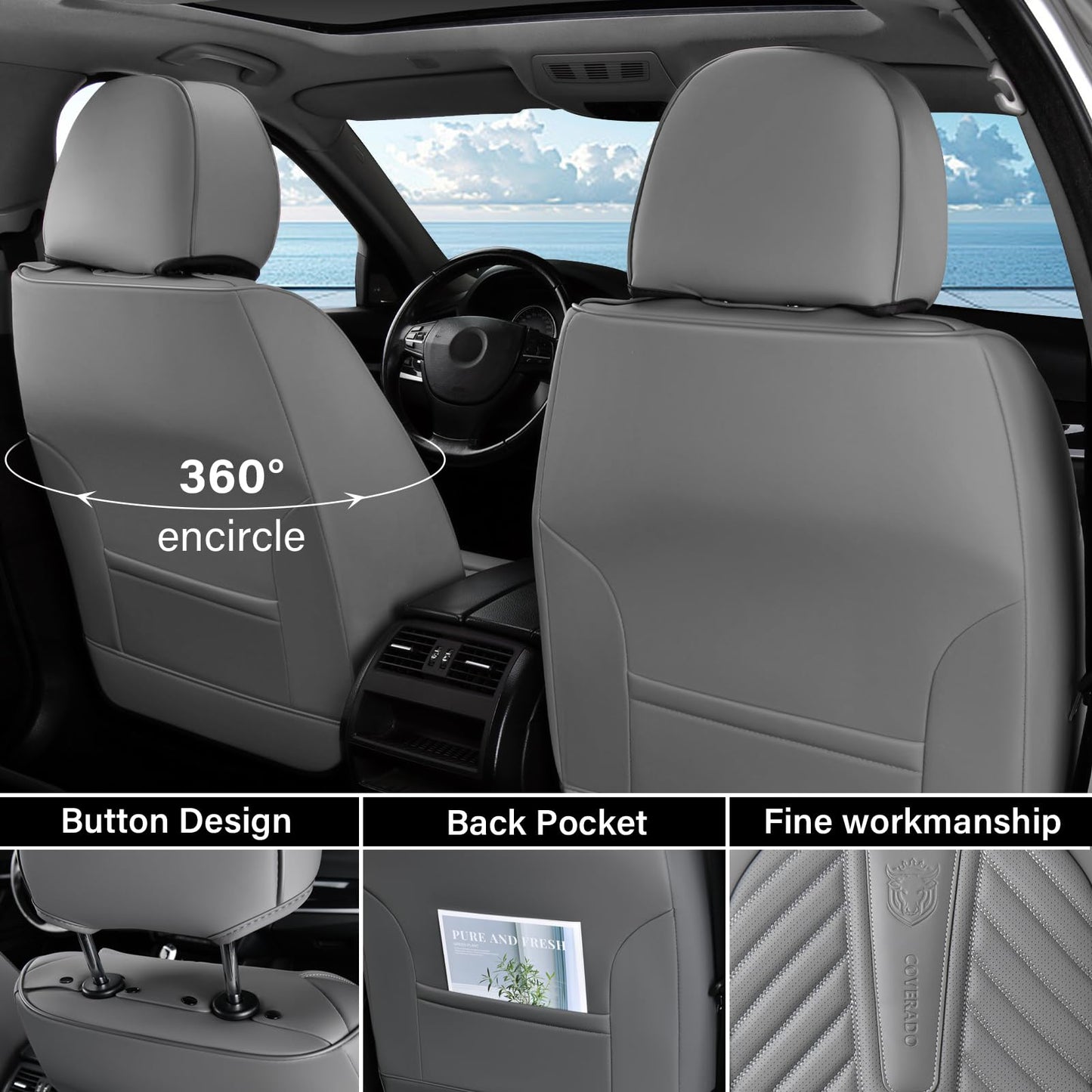 Coverado Car Seat Covers, Leatherette Seat Covers Full Set, Automotive Seat Covers Protector Cover Seat Universal Fit for Most Cars SUV Truck with Lumbar Support(Gray)
