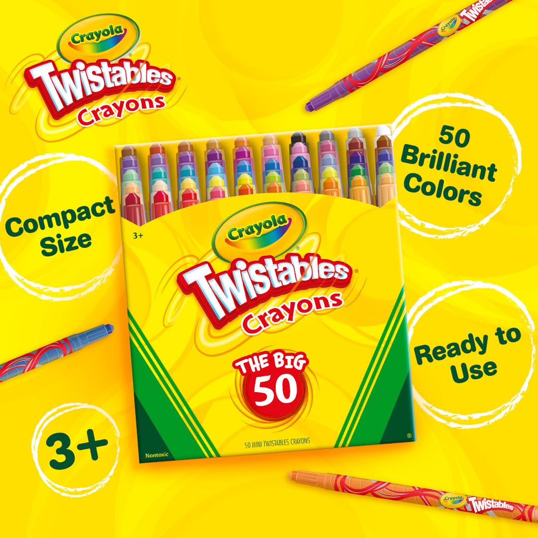 Crayola Mini Twistables Crayons for Kids (50ct), Back to School Supplies, No Peel Crayons for Coloring Books, Gift for Toddlers & Kids, Arts & Crafts, 3+