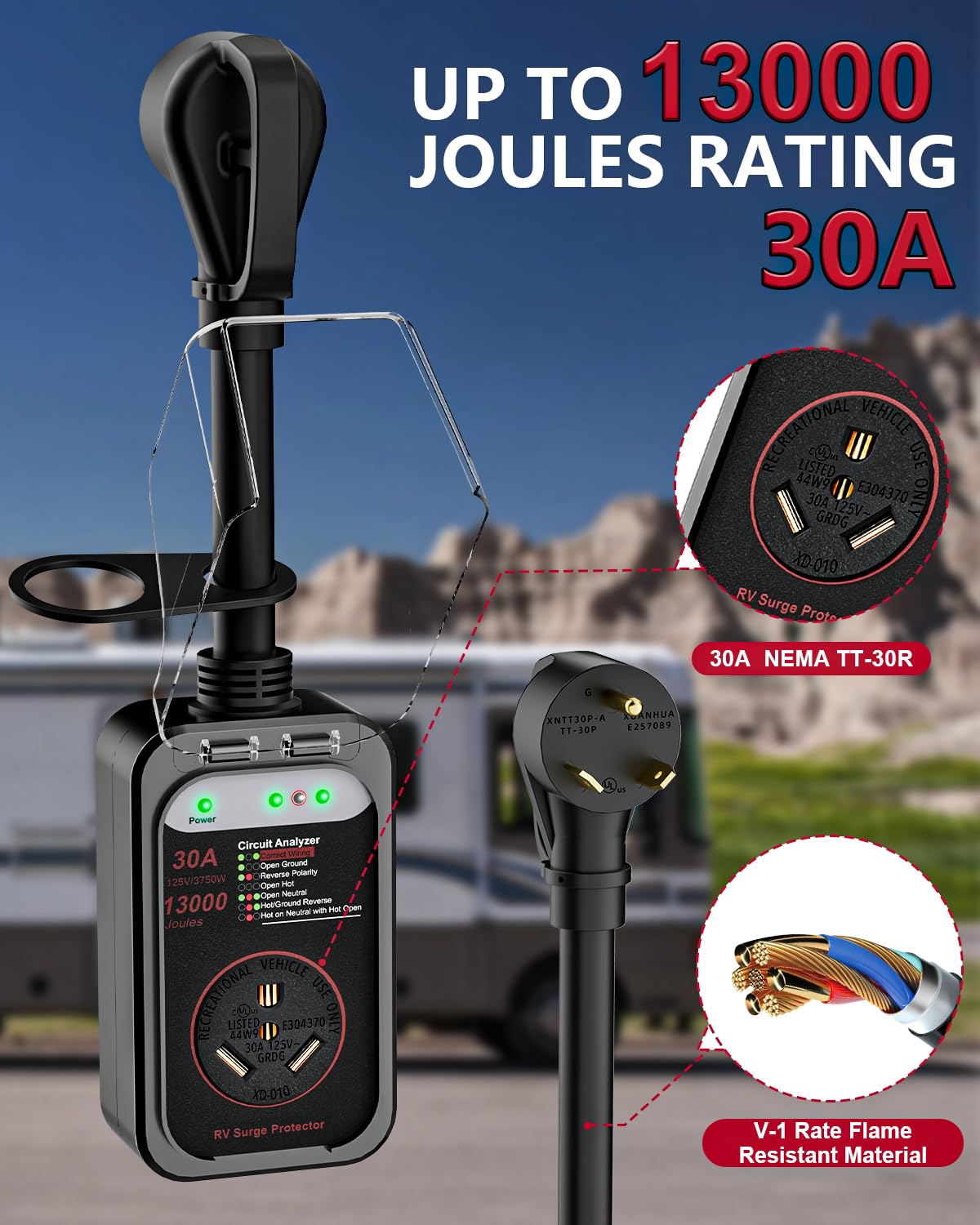 EPLCSE RV Surge Protector 30 Amp, 13000 Joules RV Circuit Analyzer with Waterproof Cover,RV Adapter Plug for Camper Travel Trailers (30AMP-Black)