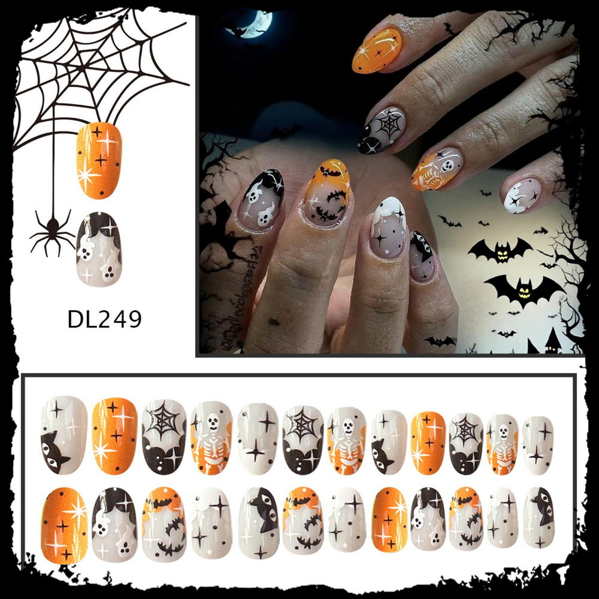 24pcs Cute Halloween Press on Nails Short Round Fake Nails French Tip Press ones Skeleton Ghost Star designs Stick on Nail Full Cover Halloween False Nails for Women Glue on Nail