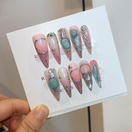 TENPAL Long Stiletto Press on Nails,Pink-Silver Holographic Gradient Hand-Painted Moons Fake Nails with 10pcs Tools,3D Cat Eye Glitter False Nails,Edgy Meteors Design Sweet-Edge Metal Nails(L)