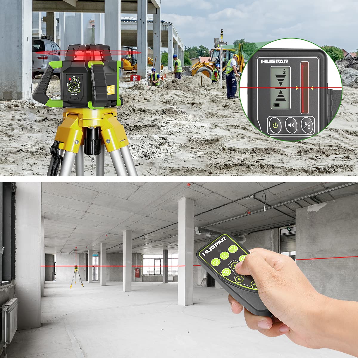 Huepar Electronic Self-Leveling Rotary Red Laser Level Kit - 360 Horizontal Laser Beam Interior/Exterior Rotating Laser Level Tool with Receiver, Protective Glasses, Li-ion Battery, Hard Case RL300HR