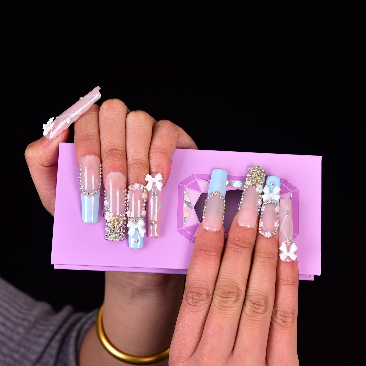 Tmani 10pc/set Extra Long Handmade Press On Nail Hot Girl's Long Ballet Square Nail Full of Diamond Glitter Decoration Fake Nails Suitable For Girls Festival Parties and Birthday Gift（238,Size-S)