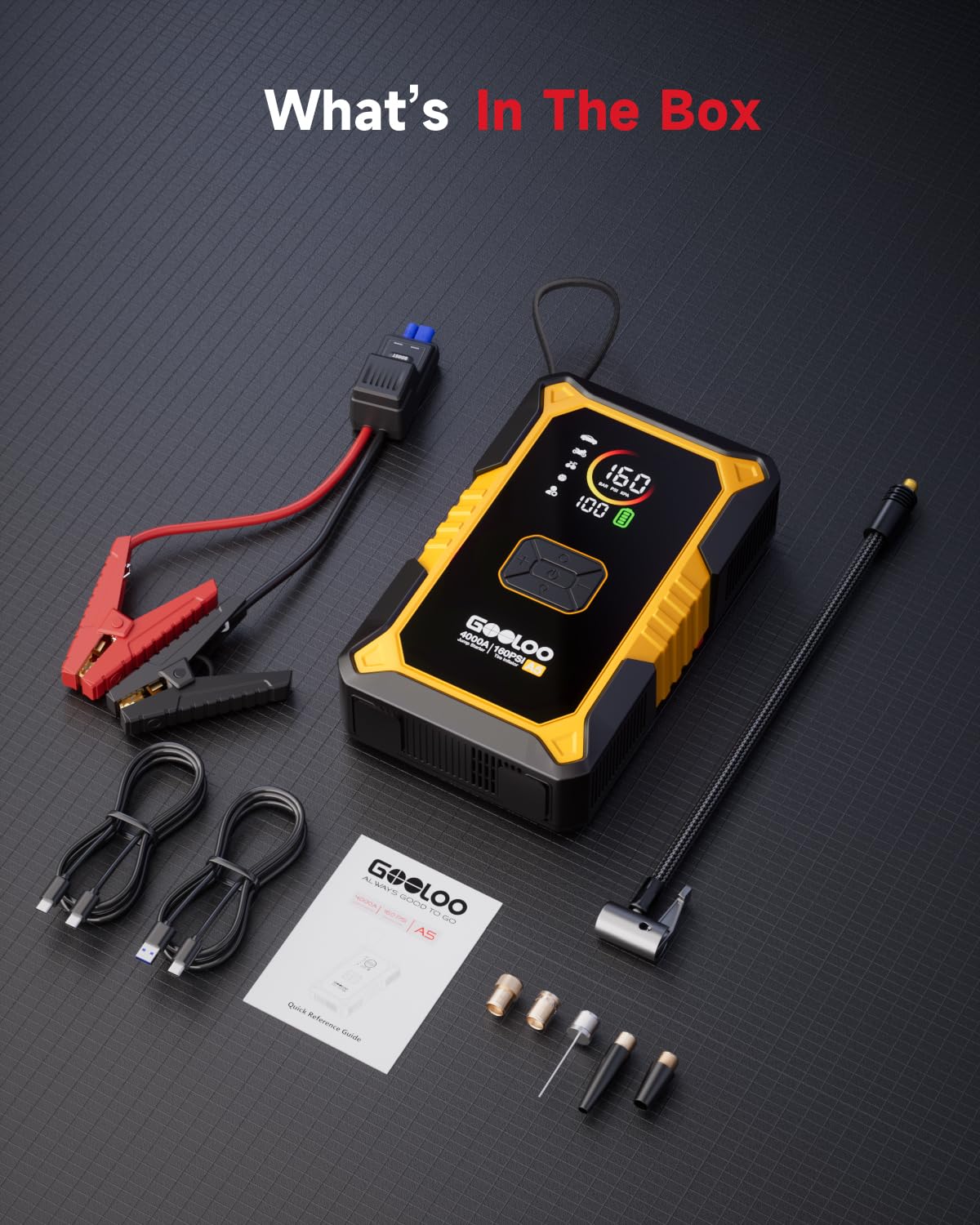 GOOLOO A5 Car Jump Starter with Air Compressor, 4000A Portable Car Jump Starter (All Gas/10.0L Diesel) with 160PSI Auto-Off Tire Inflator, 45W Output Power Bank,12V Battery Jumper Starter Portable