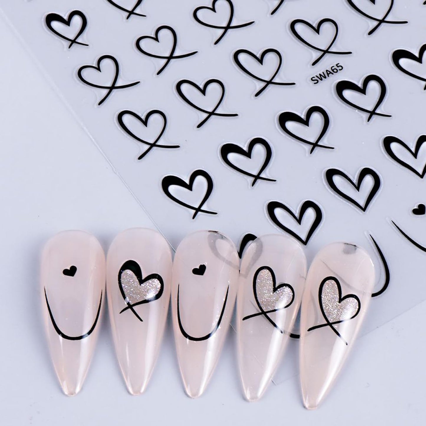 3pcs Valentine's Day Nail Art Stickers 3D Black White Pink Lines Love Heart Nail Decals Irregular French Stripe Lines Simple Valentine's Design DIY Adhesive Stickers Hearts Manicure Decor for Women