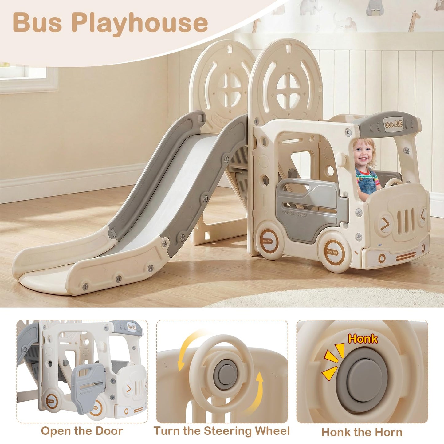 OLAKIDS Toddler Slide and Swing Set, 5 in 1 Bus Themed Baby Slide with Climber Basketball Hoop Car Playhouse for Indoor Outdoor Boys Girls Aged 3+ (Grey)