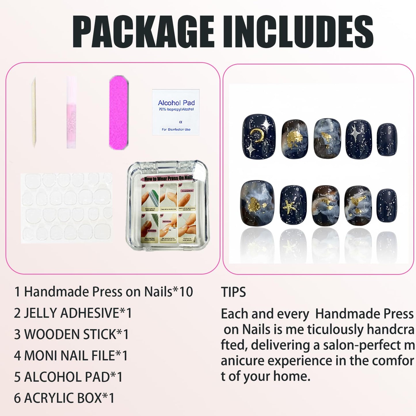Handmade Press On Nails Reusable Stick On Fake Nails Blue oil Painting Style Stars and Moon Luxury Elegant Sexy Style For Women Gift With Nail Glue M