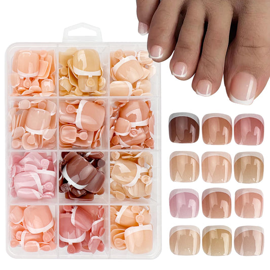288Pcs White French Tip Press On Toenails Short Square Fake Toenails Set Nude Acrylic Glue on Nails Reusable Glossy Artificial Nail Kit False Toe Nails for Women Girls Manicure 12 Color