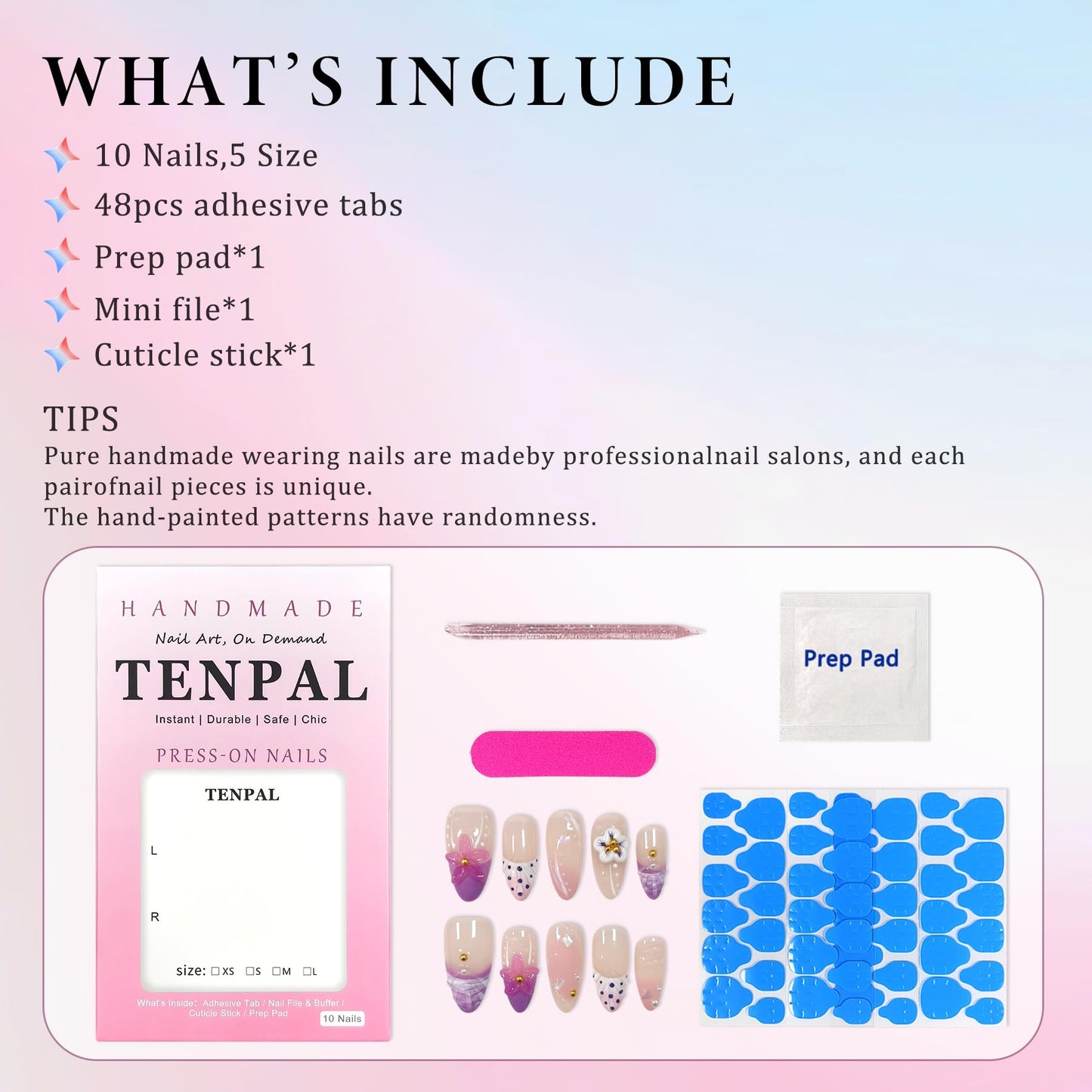 TENPAL Handmade Soft Lilac French Tips Press on Nails Medium Almond with 3D Glitter Floral & Pearl, Handmade & Reusable, Sheer Flattering False Nails for Everyday Summer Wear 10PCS(S)