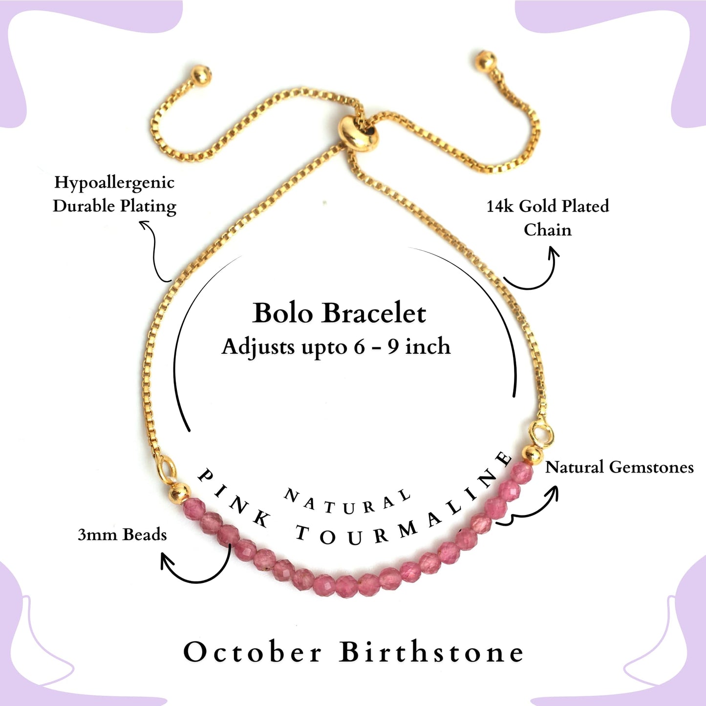Gempires Birthstone Bracelet, Pink Tourmaline Beaded Bracelet, October Birthstone Jewelry, Bolo Beads Bracelet, Gift for Her, 14k Gold Plated Chain (6-9 inch Adjustable Length)