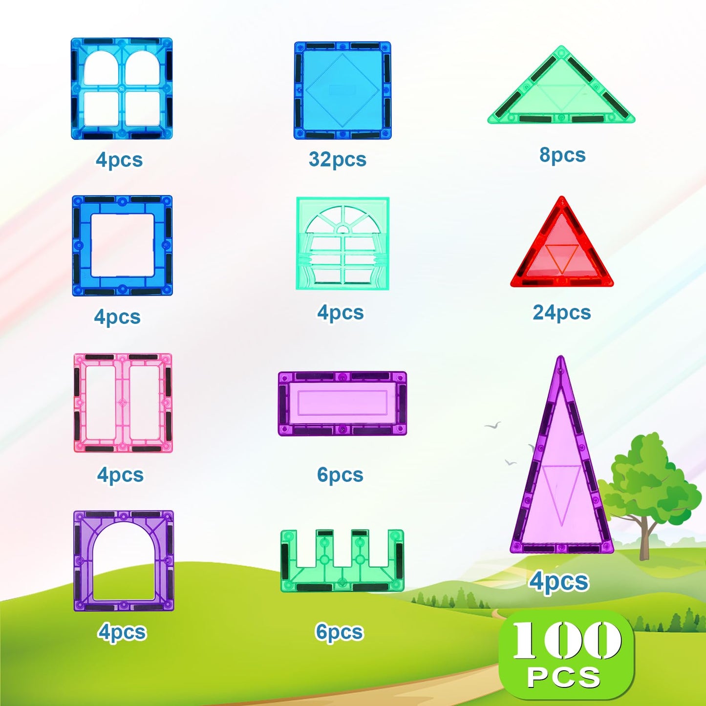 Magnetic Tiles 100PCS Kids Toys - Magnetic Building Blocks STEM Magnet Building Set Preschool Learning Magnet Toys for Kids Ages 3-5 4-8, Sensory Montessori Toy for Toddlers 3+ Year Old Boys Girls