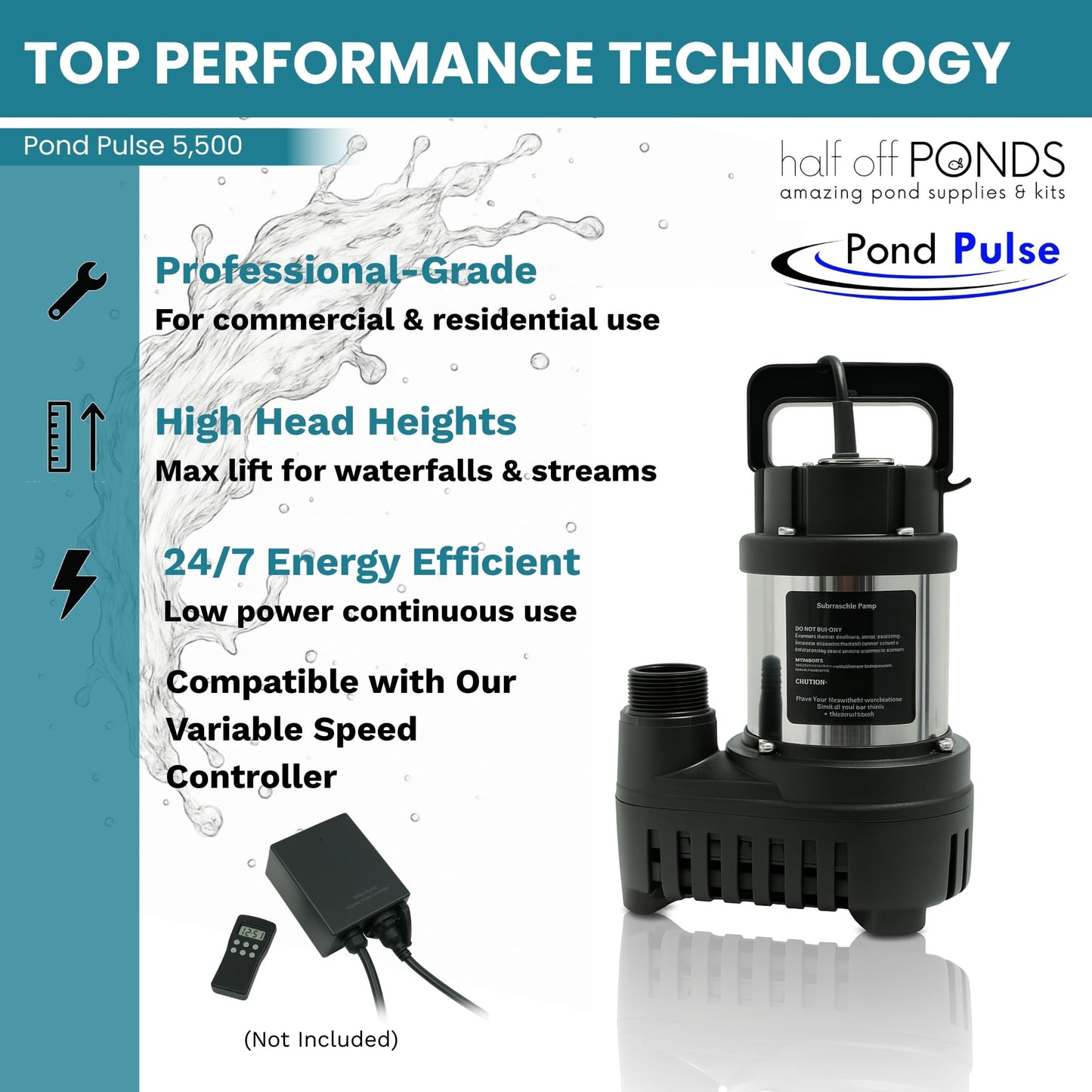 HALF OFF PONDS Pond Pulse 5,500 GPH Submersible Waterfall Pump – Hybrid Drive Pond Pump with 30' Cord – Energy Efficient, Fish Safe, 31' Max Head, for Skimmers & Large Water Features