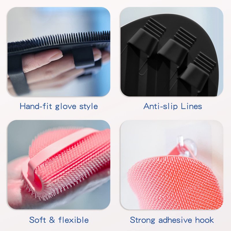 Manmihealth Silicone Back Scrubber & Soft Shower Brush, Silicone Scalp Massager, Wooden Foot Files Brush Set 7 PCS, Whole Body Scrubber & Shampoo Brush Combination, with 4 Free Hooks (Style 2 Black)