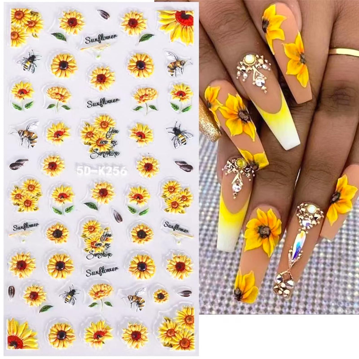 5D Embossed Sunflower Nail Art Stickers Self-Adhesive Flower Nail Decals Engraved Floral Summer Nail Sticker Acrylic Nail Art for Women Girls Manicure Decoration 4 Sheets