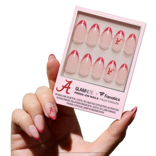 Glamnetic x Fanatics Press On Nails - Alabama Crimson Tide | Short Almond Fake Nails, Collegiate Crimson Tide Red French Tips, College Nails, Salon-Quality | 15 Sizes - 30 Nail Kit with Glue