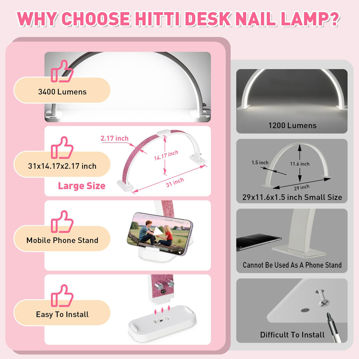 HITTI Super Large 31in Half Moon Light for Nail Desk, Foldable Arch Light for Nail Tech Lamp with Phone Stand, LED Table Lamp for Manicure, Handicraft, Art, Eyelash Extension (Crystal Diamond)-Pink