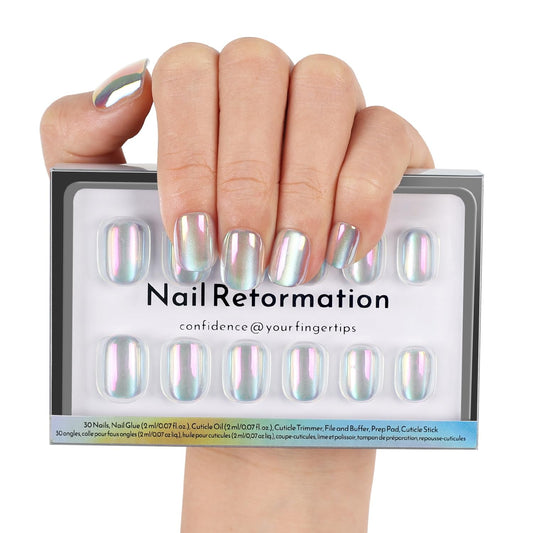 Nail Reformation Press On Nails, Hologlam | Glossy Aurora Cat Eye Velvet Short Square Fake Nails with Iridescent Glaze Finish, Reusable Stick On False Nails in 15 Sizes - 30 Nail Kit, Gifts for Women