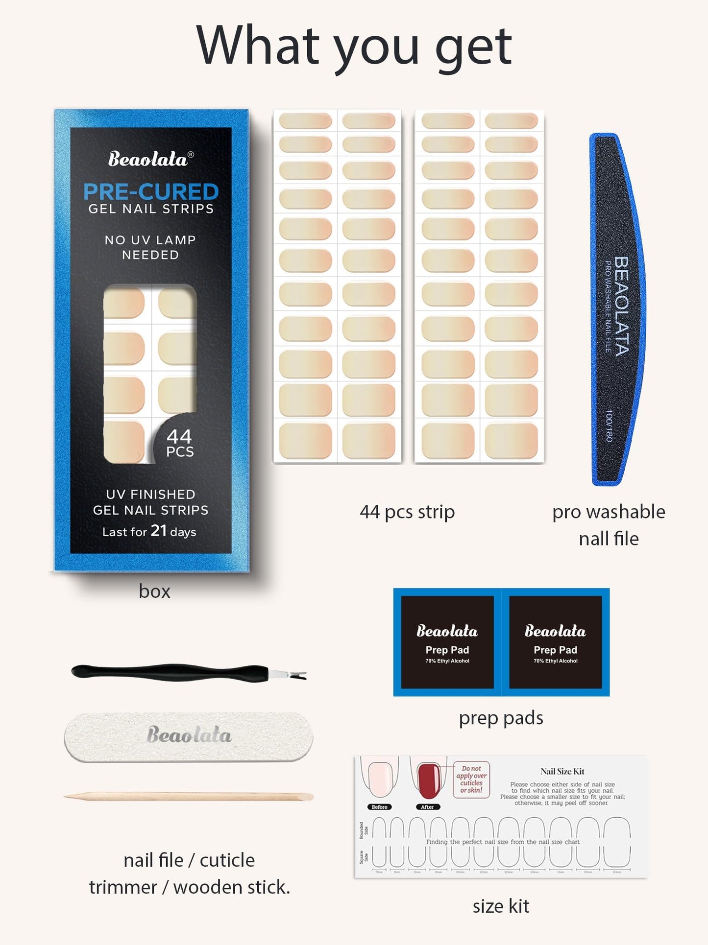 Beaolata Real Gel Nail Strips (No UV Light Needed) - 44Pcs Salon Quality Nail Stickers - Long Lasting Polish Wraps for Women, Easy Apply & Remove (Velvet Sunset Nude)