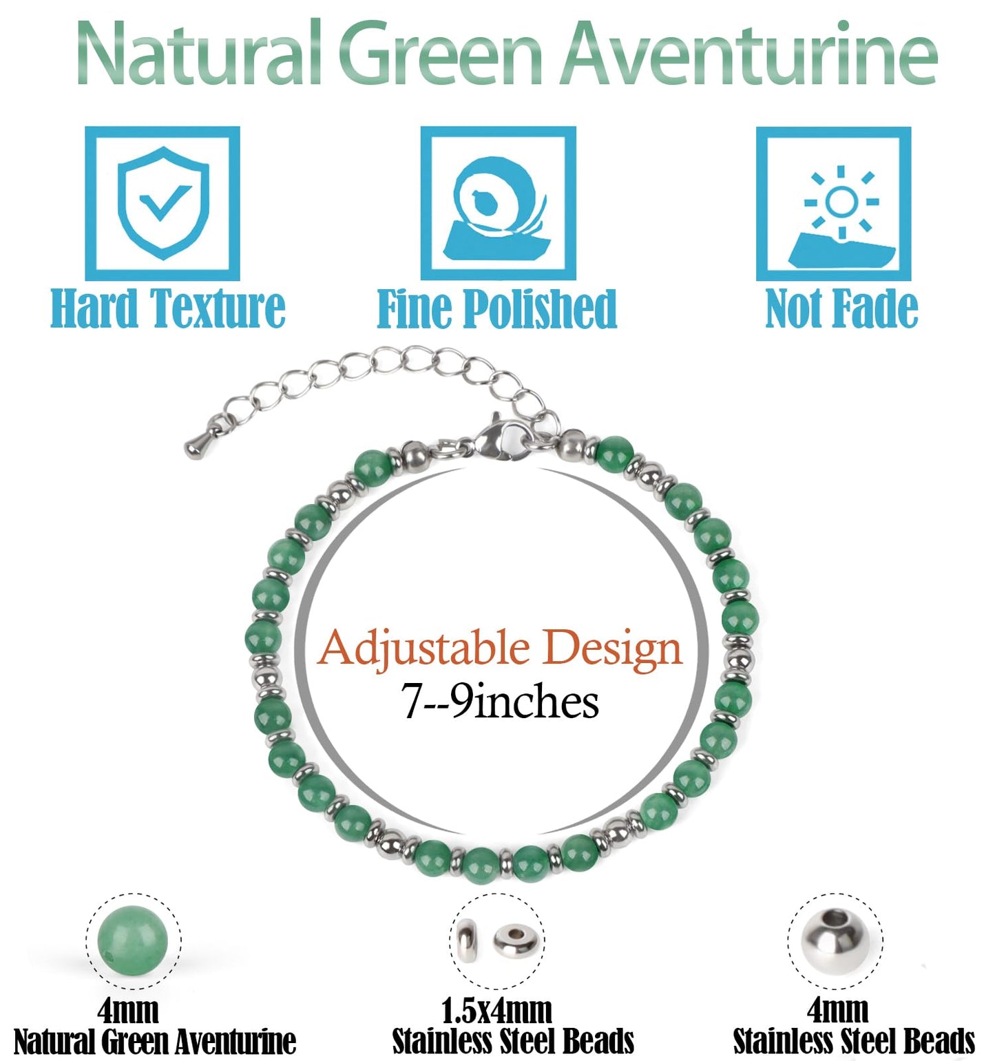 4mm Green Aventurine Tiny Beaded Bracelets For Women, Energy Gem Charm Jewelry Adjustable Bracelet Gifts for Mom, Daughter, Wife, Coworkers, Friends, Bestie