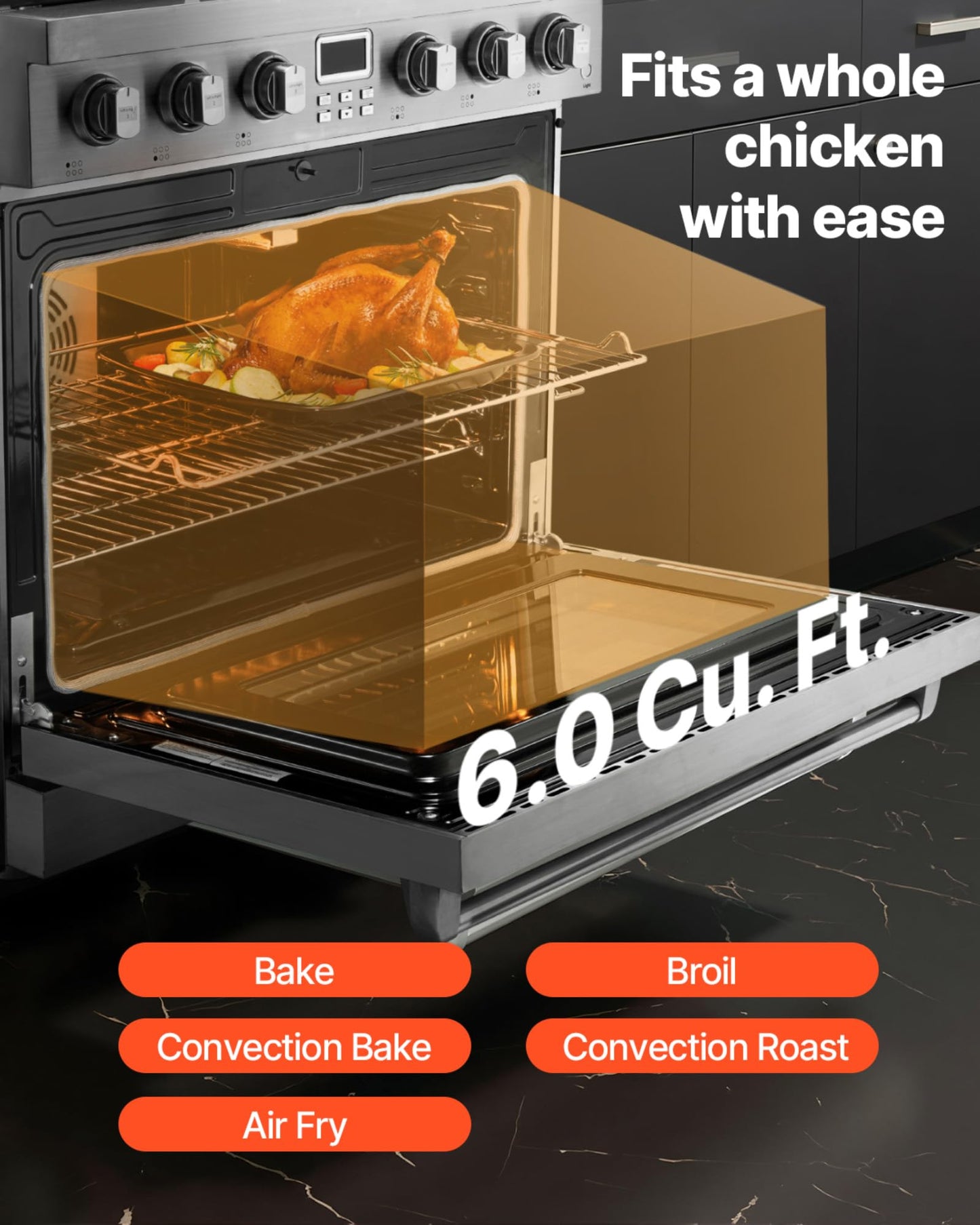 VEVOR Gas Range Oven, 36 Inches Width, Freestanding Stainless Steel Stove and Oven with 6 Sealed Cooktop Burners, Easy Reach Racks, Halogen Light, 6.0 Cu. Ft. Capacity, for Home Apartment Kitchen